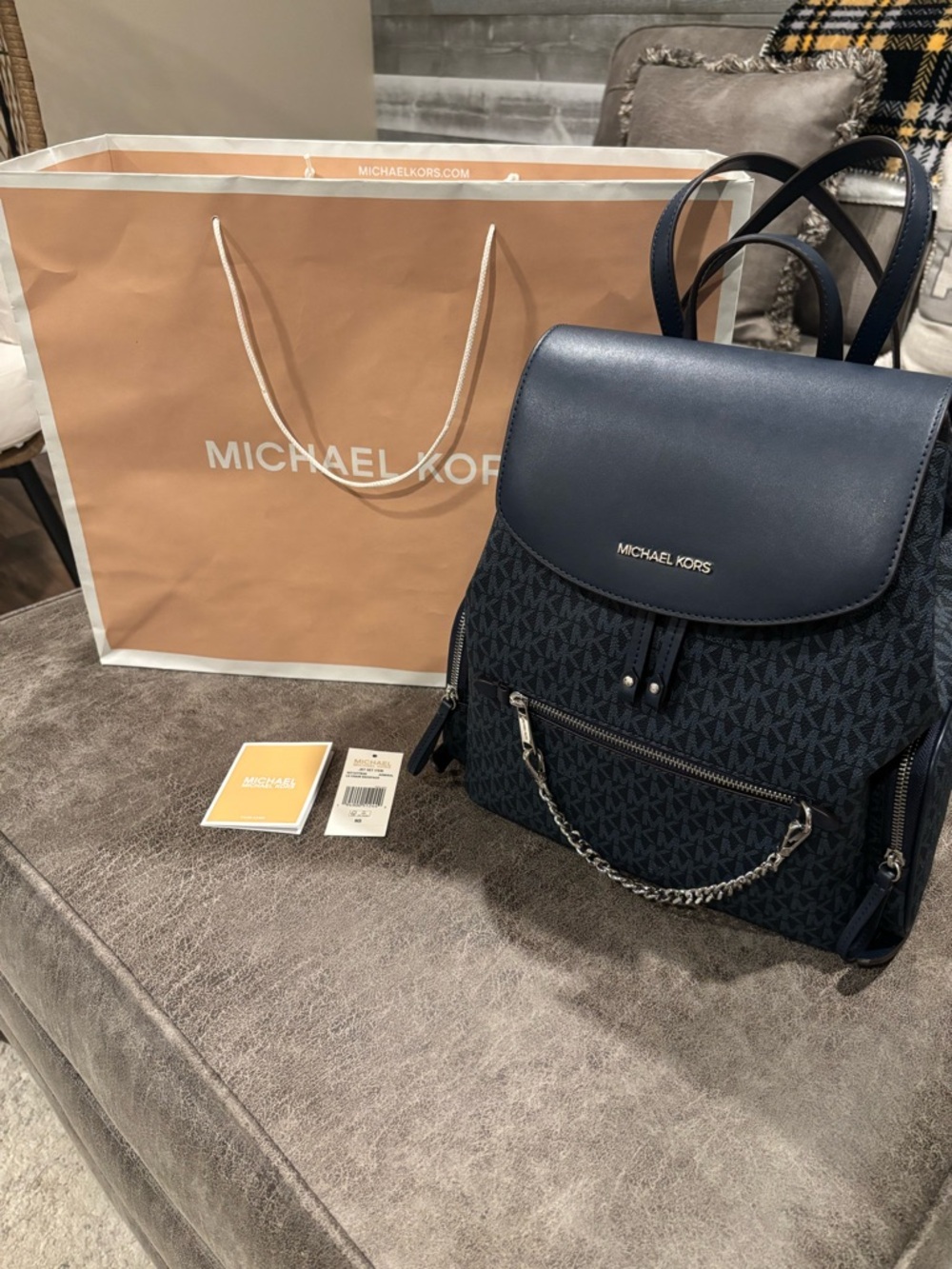 Michael Kors Navy MK Logo Backpack with Chain Accent